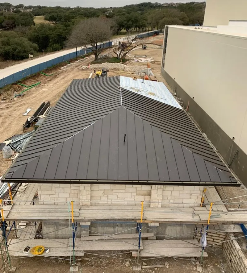 Metal roof new construction with scaffolding in Tiburon